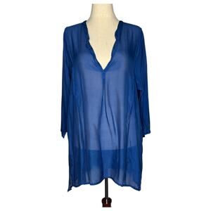 Homefrocks Womens Blouse Size Medium Blue Tunic Sheer Silk Lagenlook Artisanal